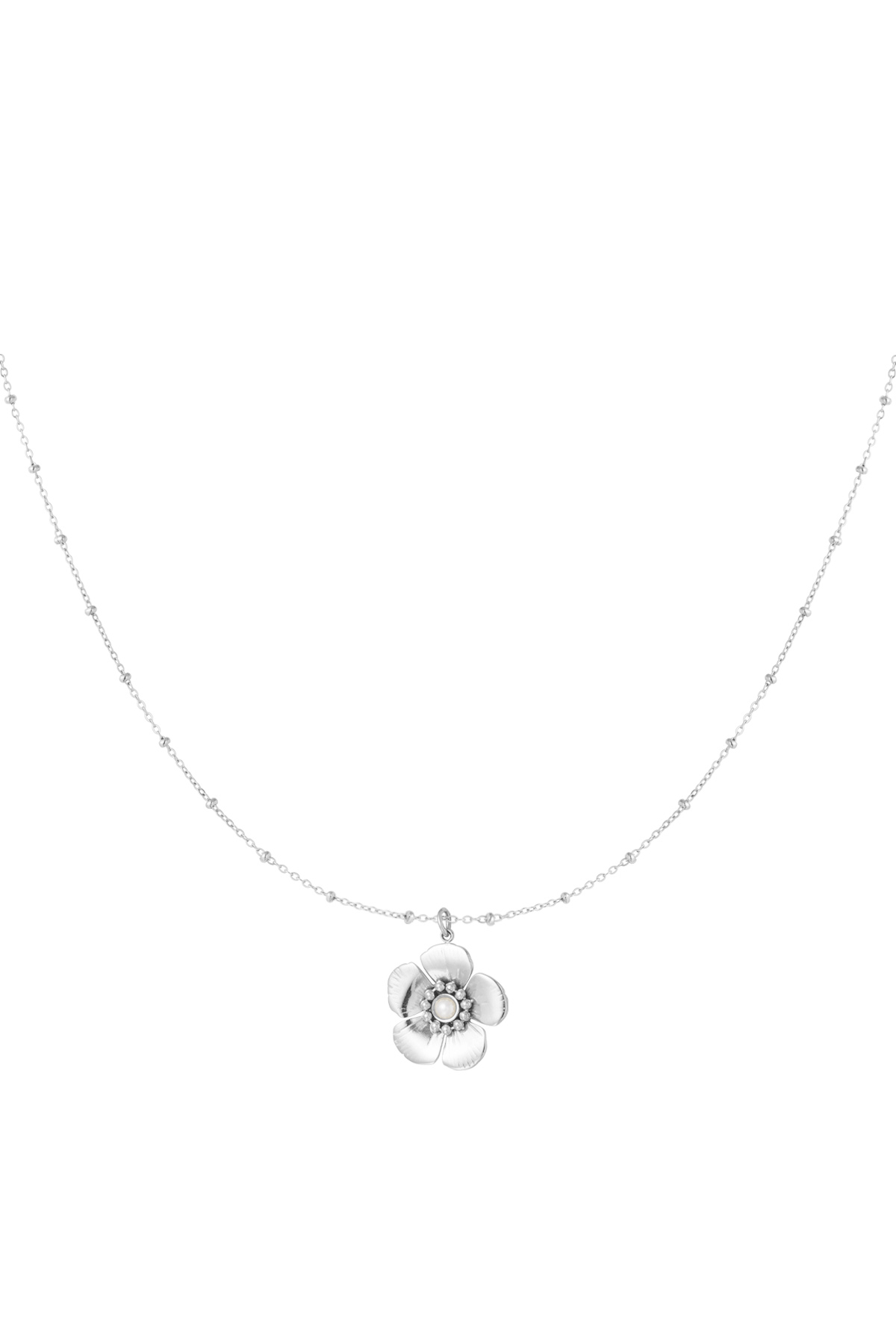 Ball necklace with flower pendant and pearl - silver