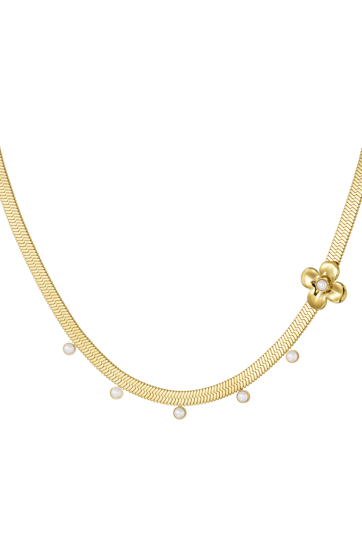 Flat chunky necklace with flower pendant - gold 