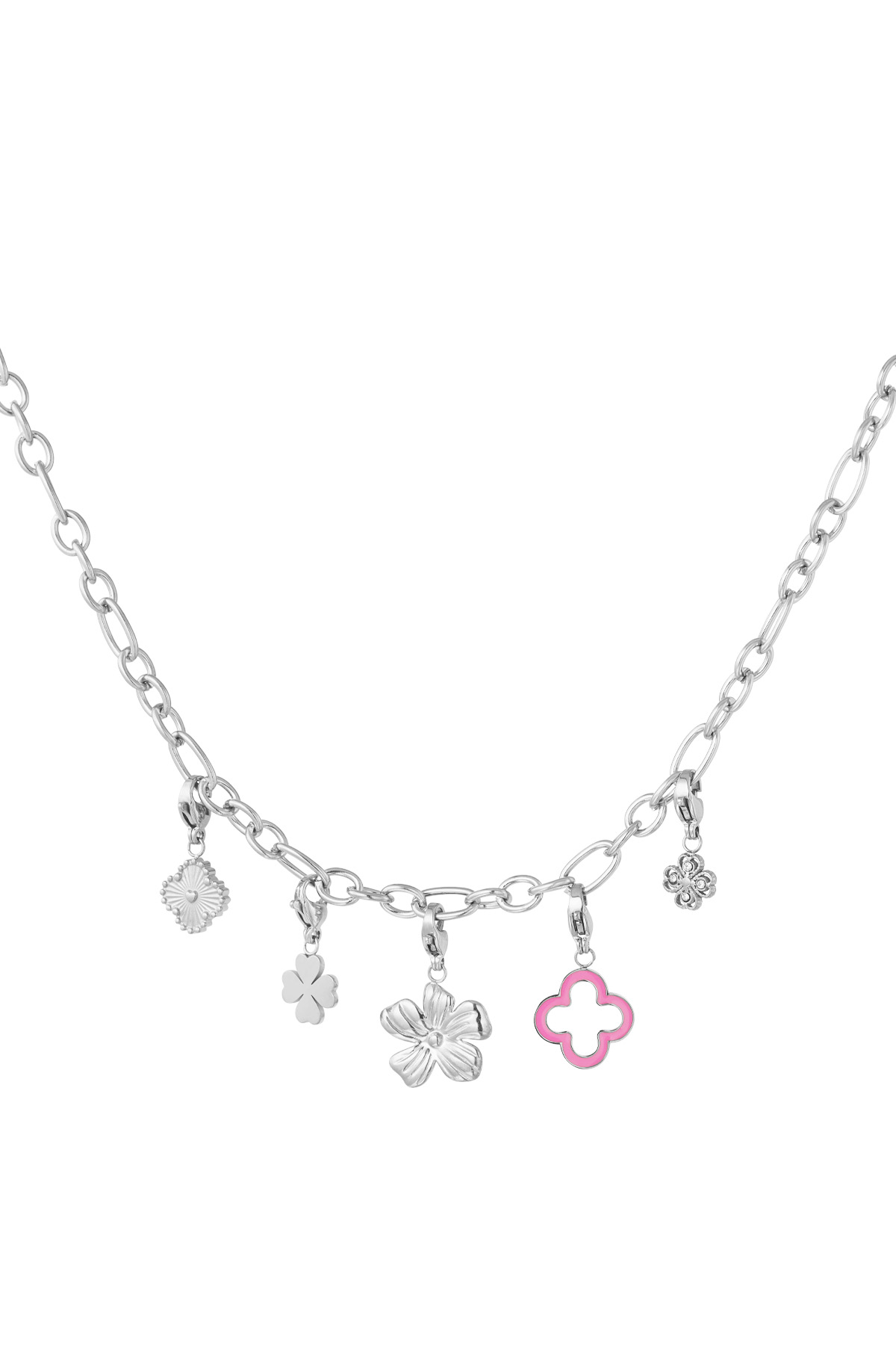 Necklace with clover and flower charms - silver
