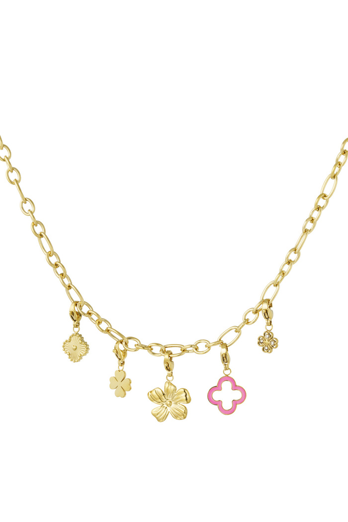 Necklace with clover and flower charms - gold 