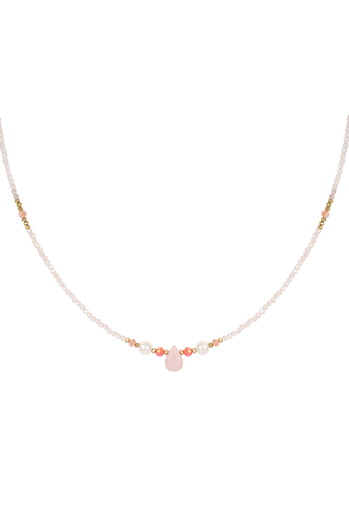 Thin beaded necklace with drop - pink / gold
