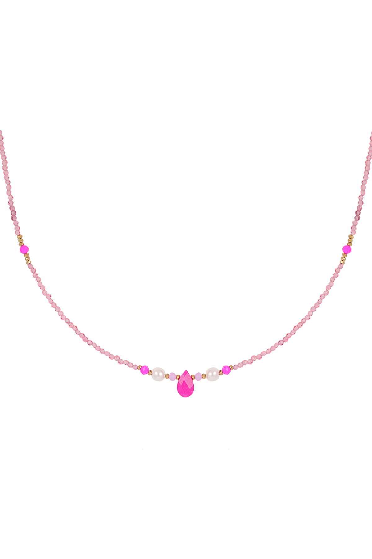 Dunne kralen ketting met druppel - fuchsia / goud 2