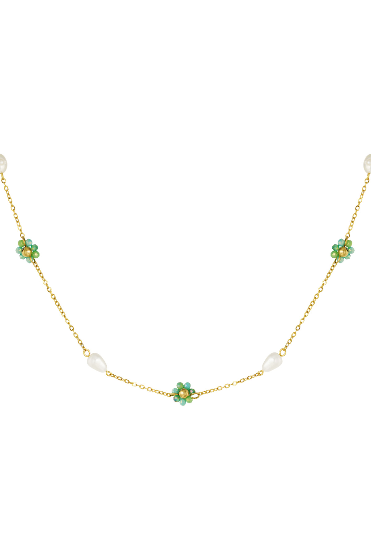 Necklace with flower and pearl charms - green/gold 