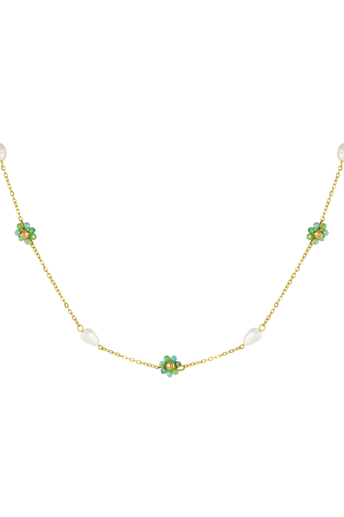 Necklace with flower and pearl charms - green/Gold color 