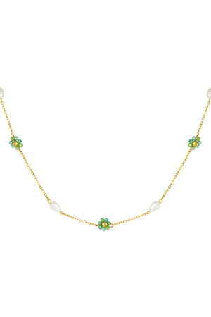Necklace with flower and pearl charms - green/gold  h5 