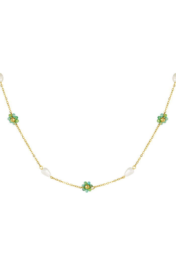 Halskette mit Blumen- und Perlenanhängern – grün/gold  