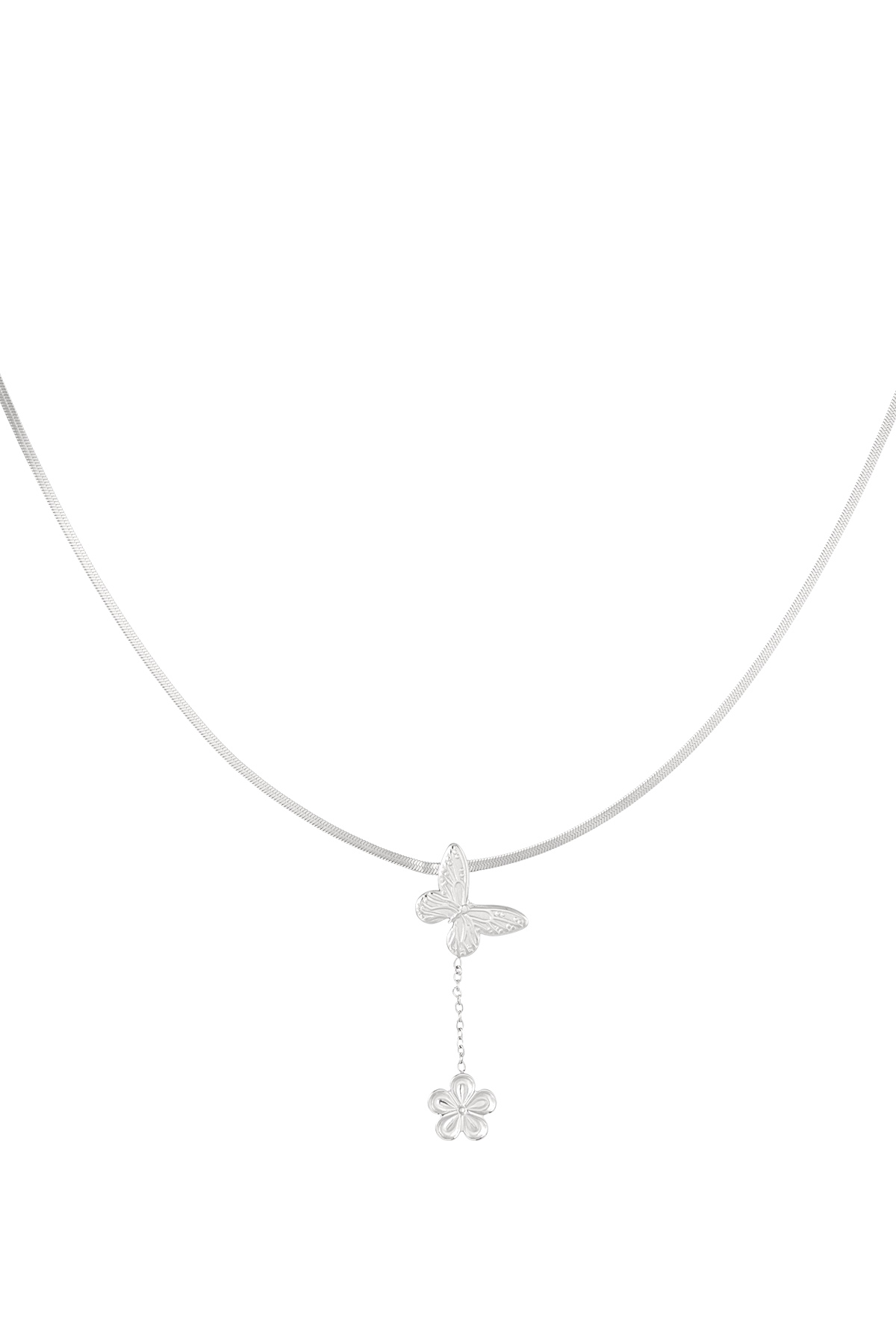 Classic necklace with butterfly and flower charm - silver