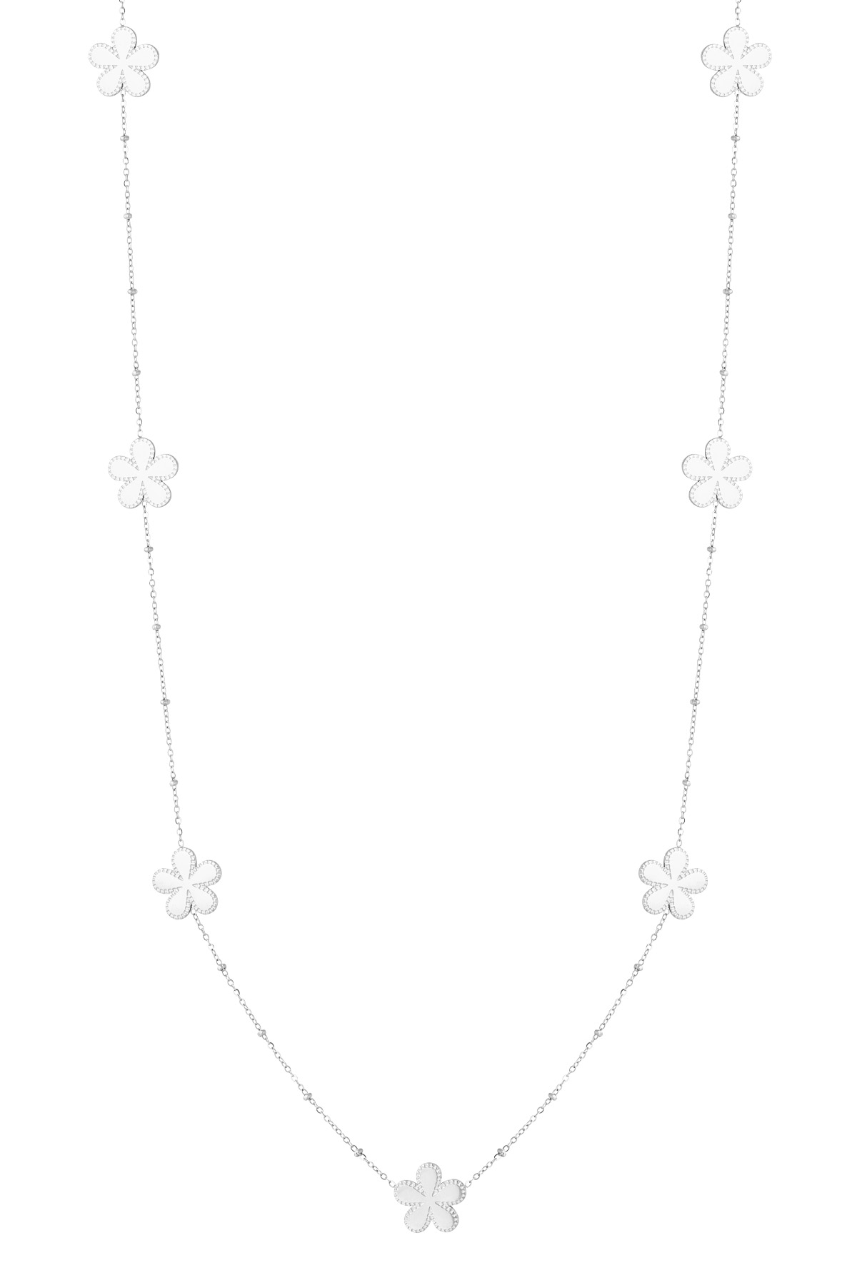 Lange Halskette mit Kugeln und Blumen – Silber h5 