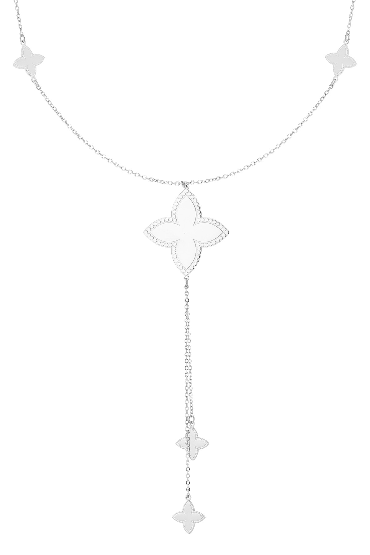 Lange Halskette mit verschiedenen Kleeblatt-Anhängern – Silber 