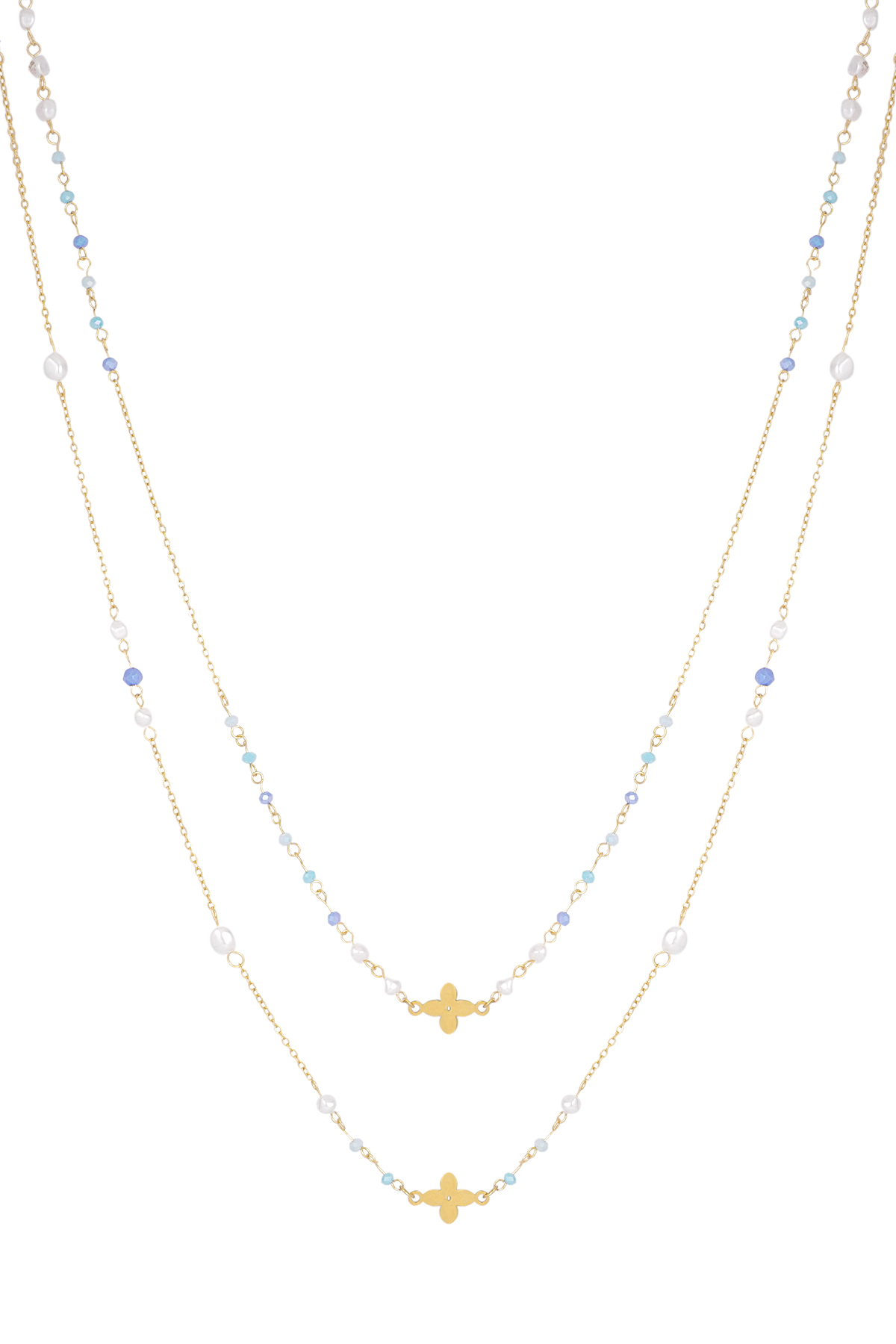 Doppelte Kleeblatt-Halskette - blau/gold 