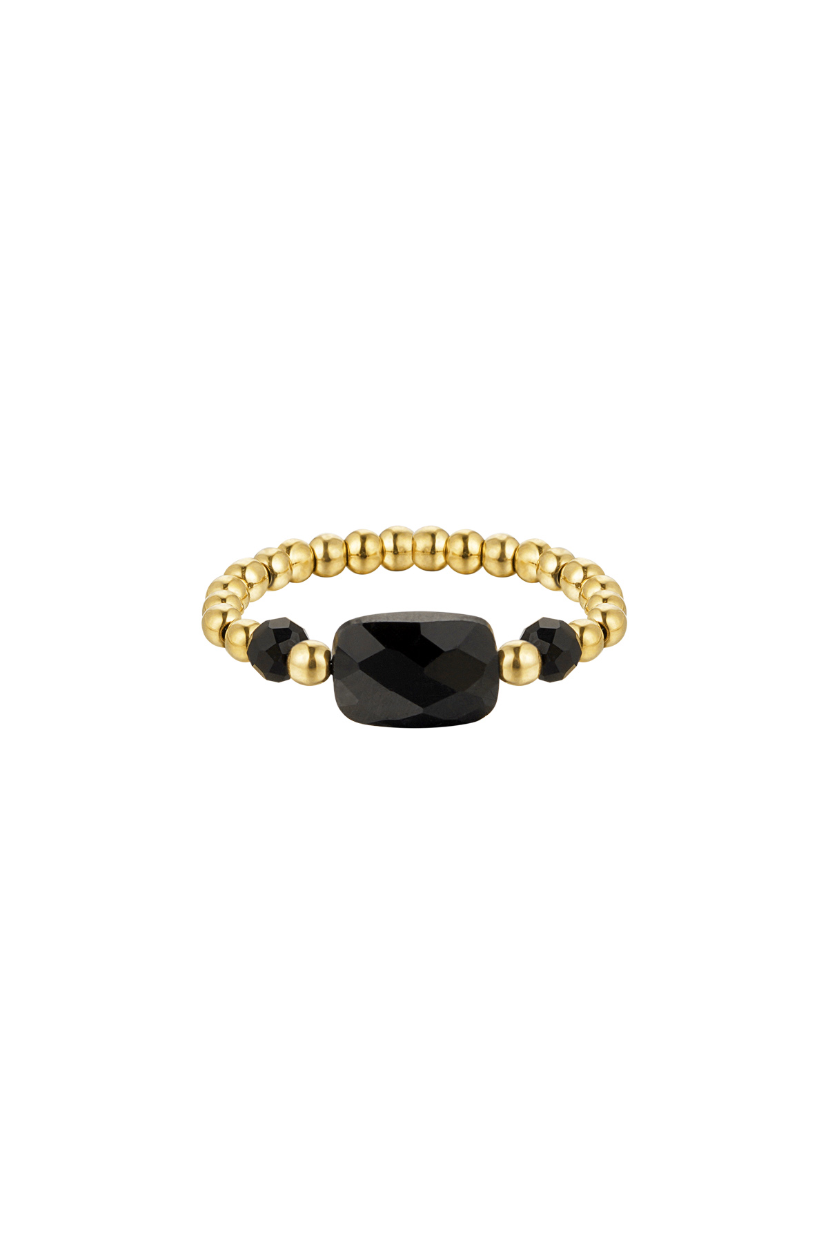 Elastieken ring drie kralen - zwart - Natuurstenen collectie Zwart & Goud Stone One size 