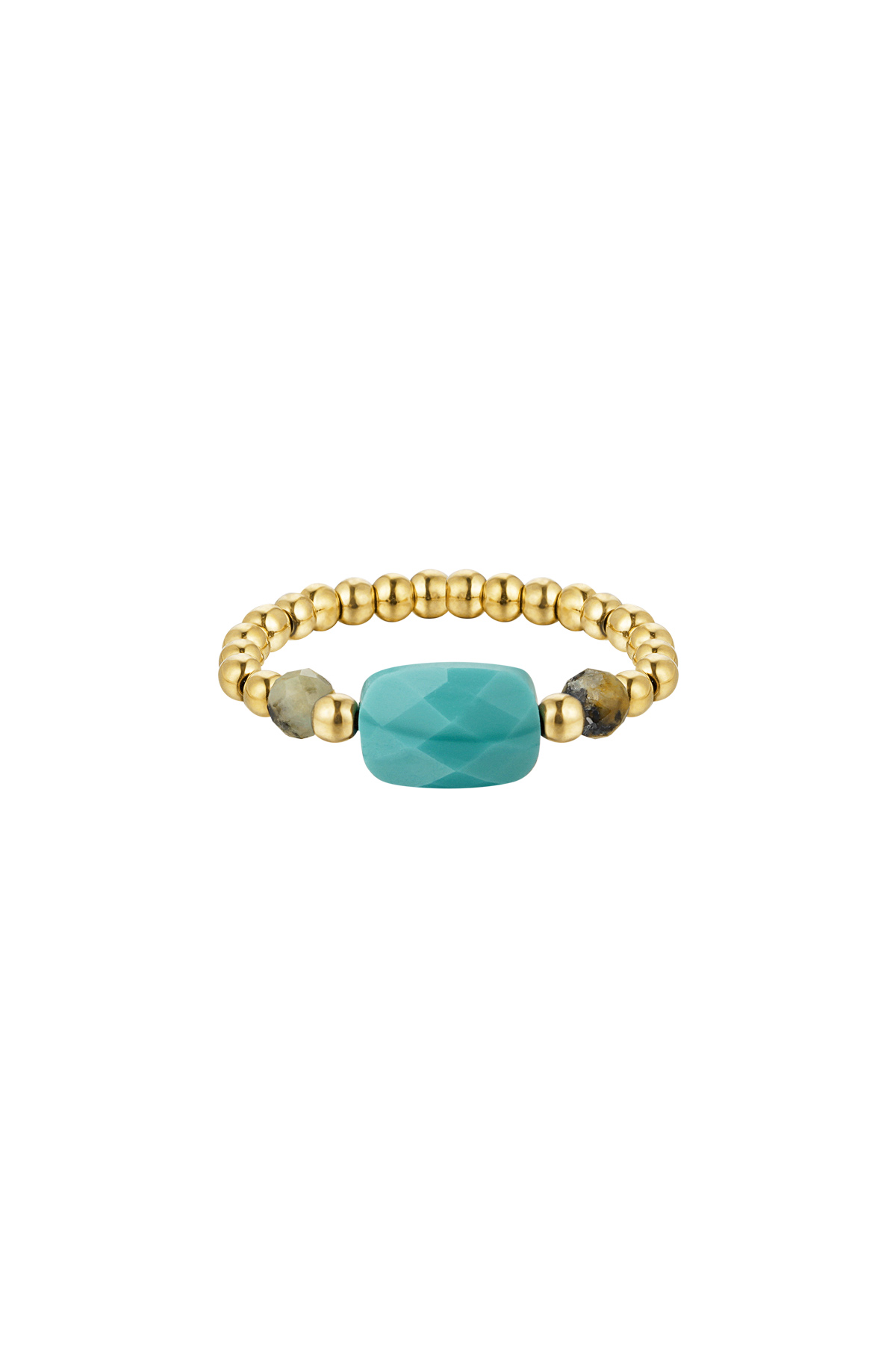 Elastieken ring drie kralen - groen - Natuurstenen collectie Green &amp; Gold Stone One size