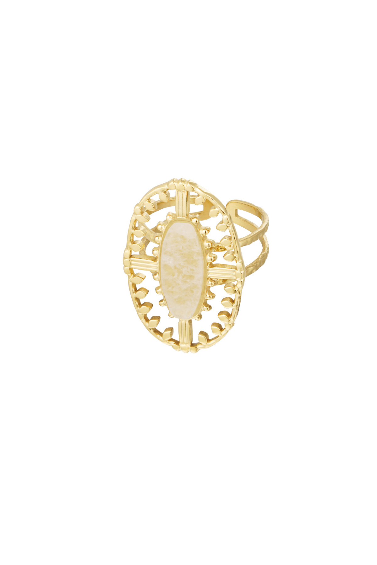 Ring vintage langwerpig met steen - goud/wit