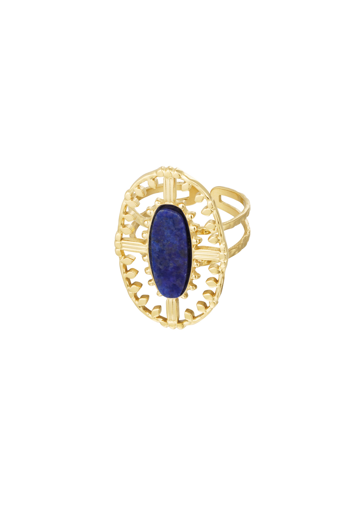 Ring vintage langwerpig met steen - goud/blauw