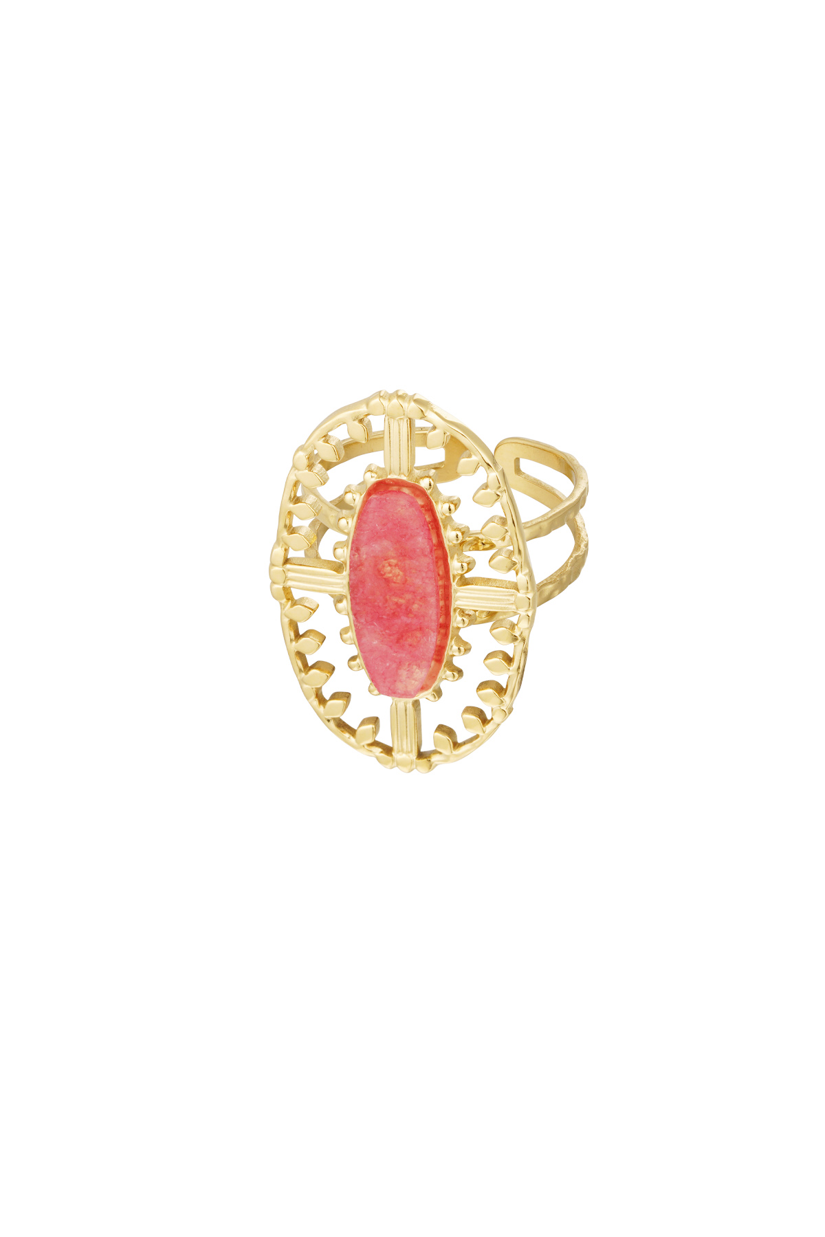 Ring vintage langwerpig met steen - goud/rood