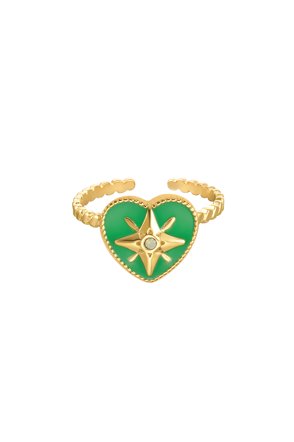Bague coeur coloré avec étoile émail vert - or