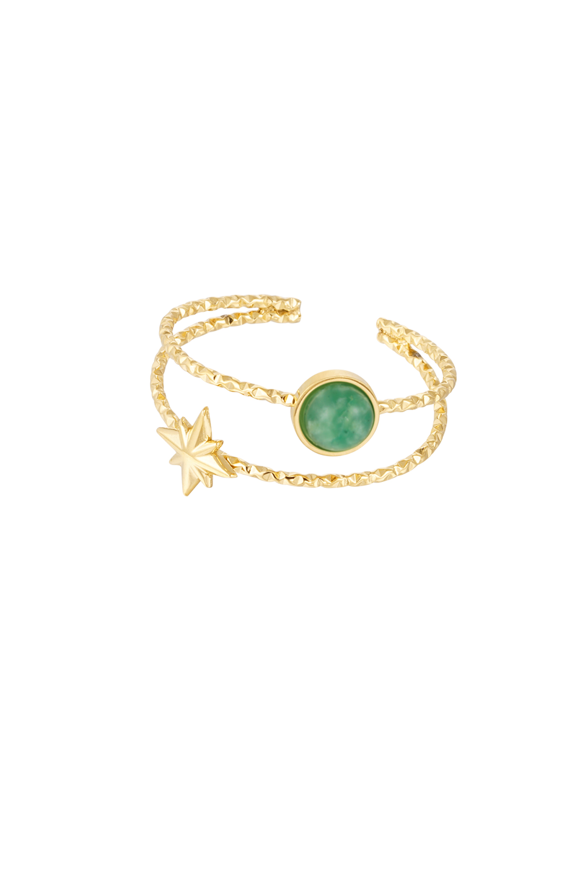 Double ring natural stone and star green - gold