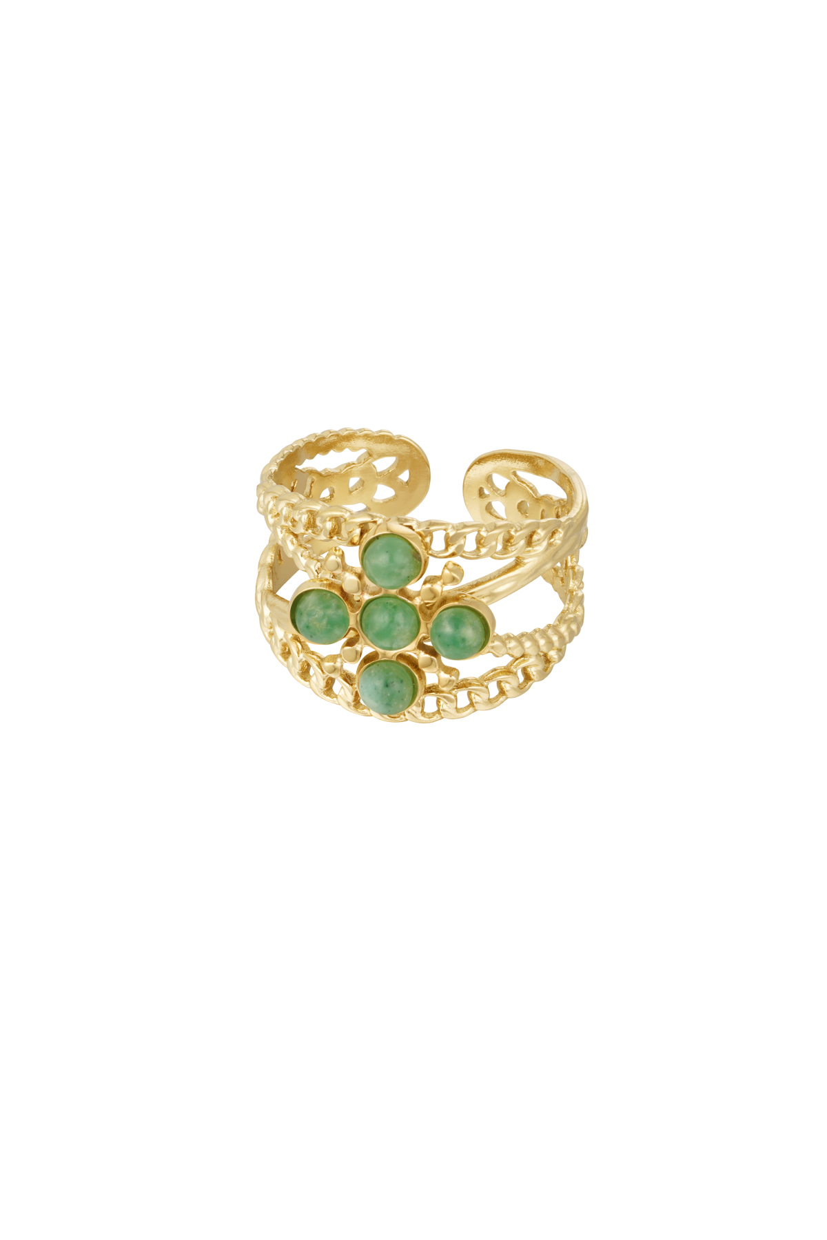 Ring layers cross with stone - green Gold color 2