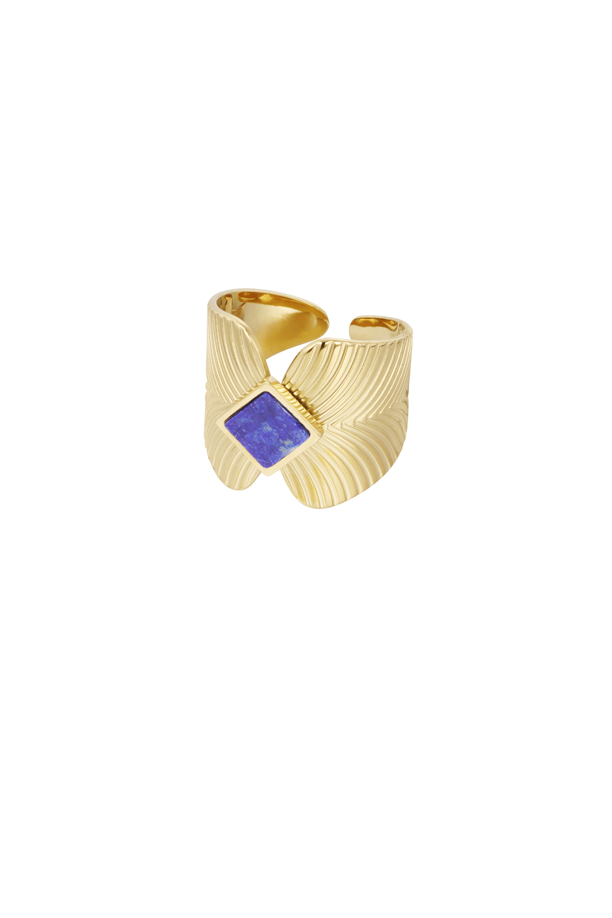 Ring blaadjes met ruit steen - goud/blauw