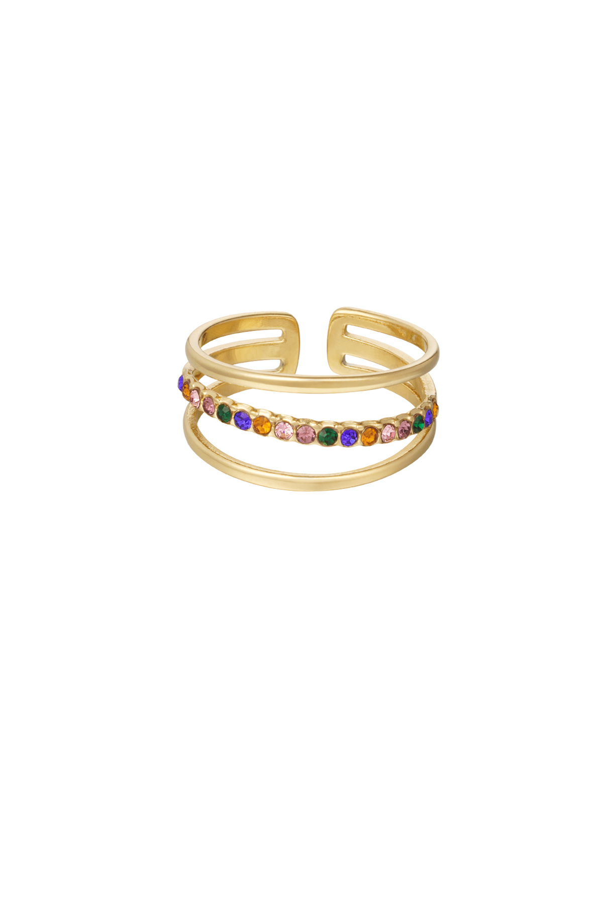 Ring three layers with row of stones - gold/multi