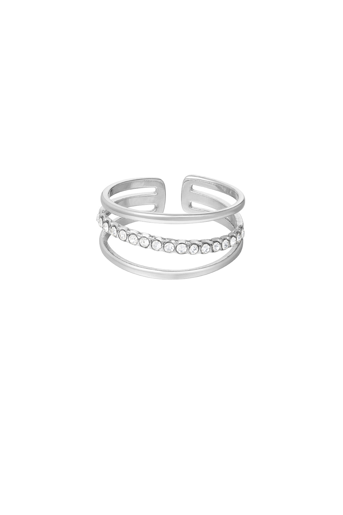 Ring three layers with a row of stones - silver h5 