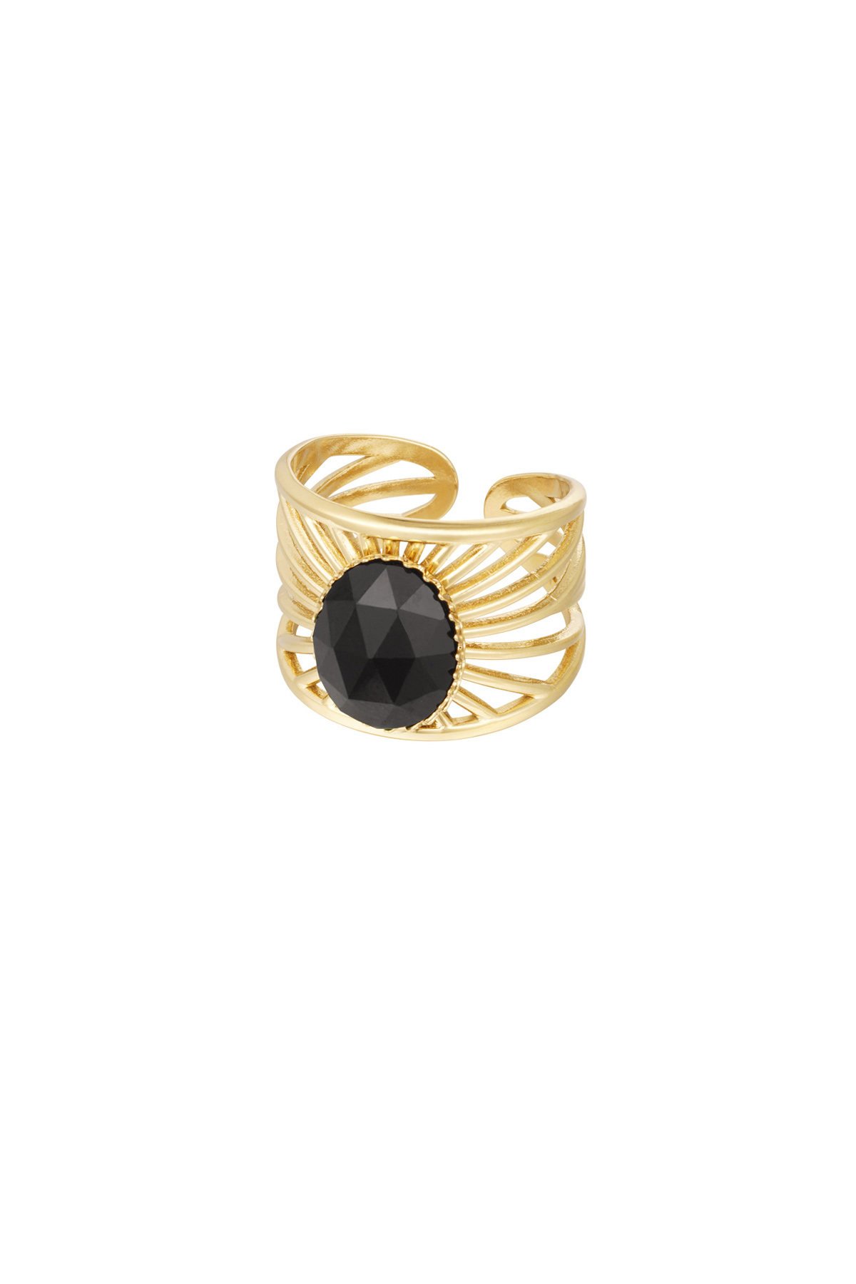 Anello a strisce graziose con pietra - oro/nero h5 