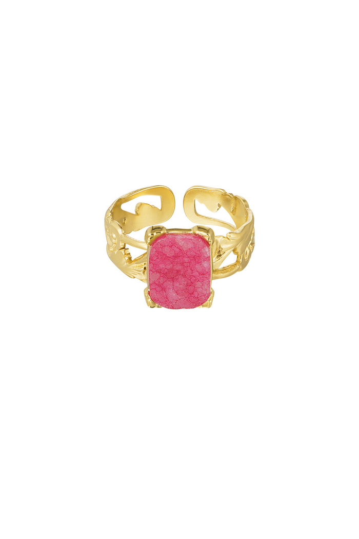 Ring elegant rectangular stone - gold/fuchsia 