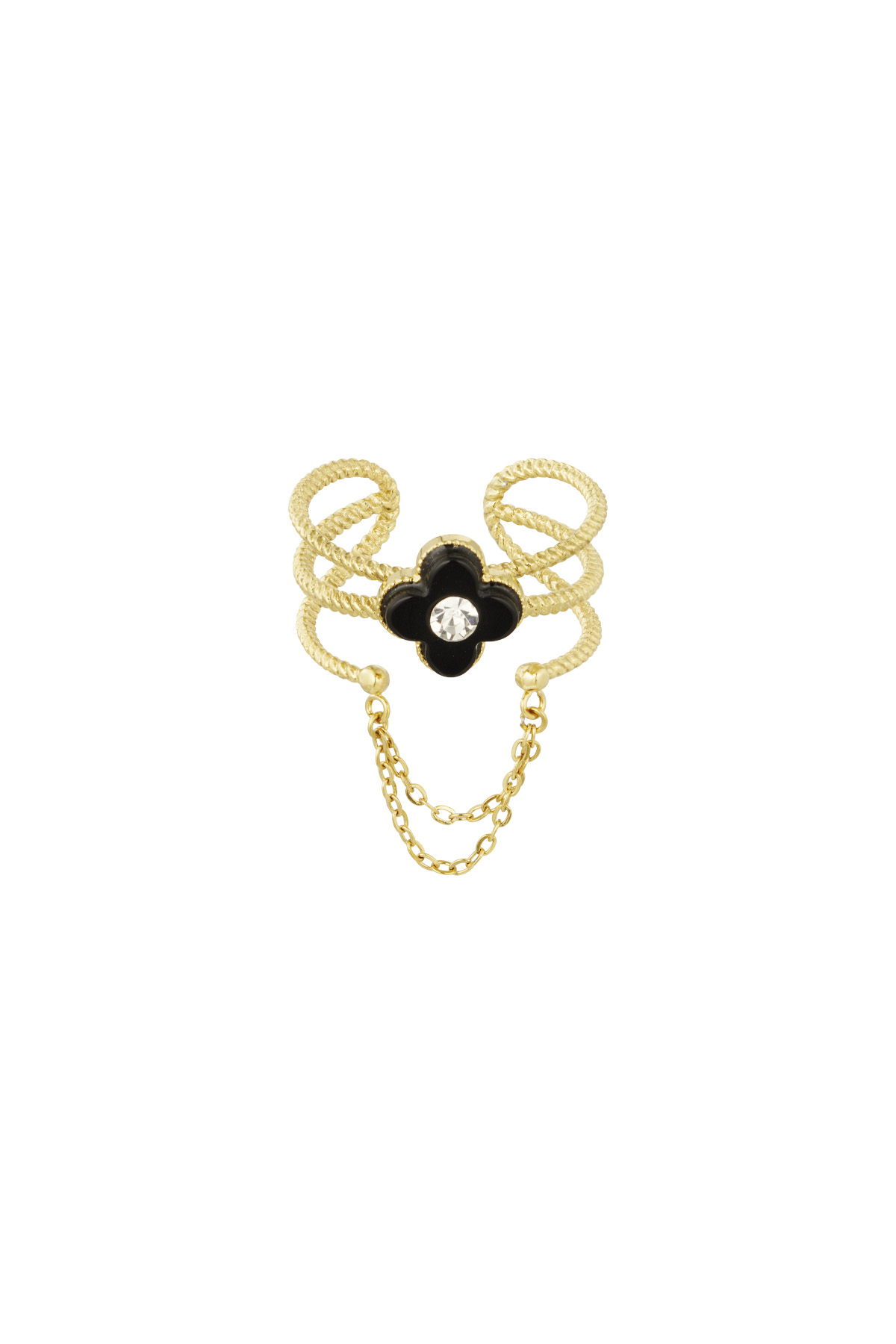 Anillo con flor y cadena - negro/oro