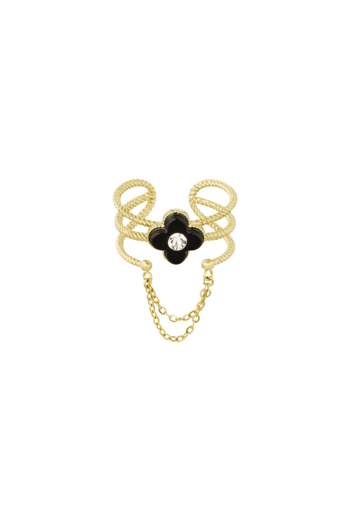 Ring with flower and chain - black/gold 