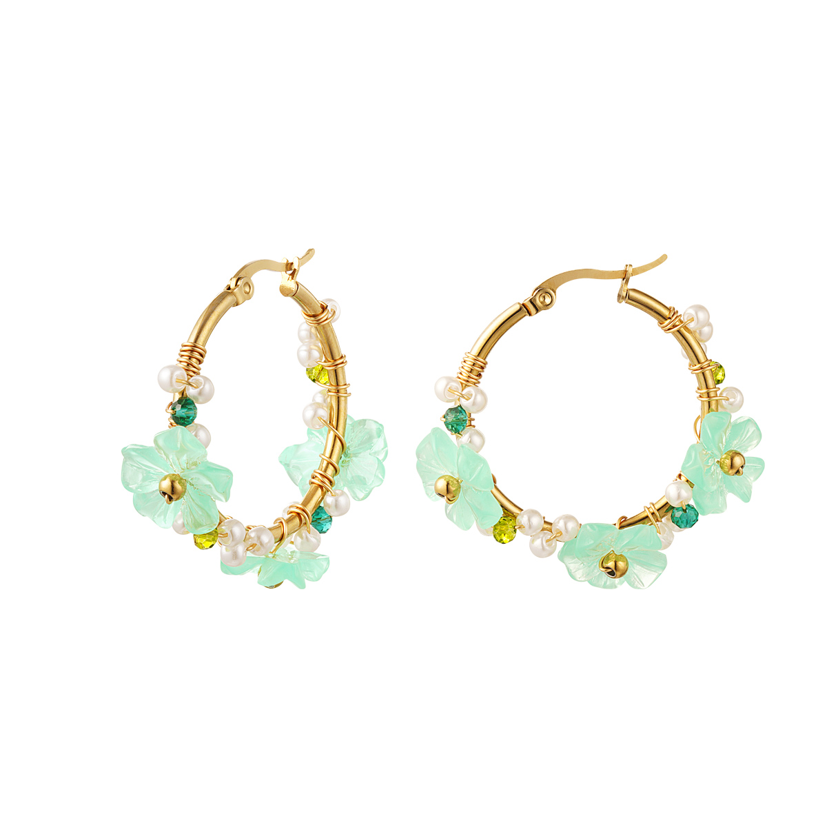 Boucles d'oreilles fleurs avec perles - or/vert