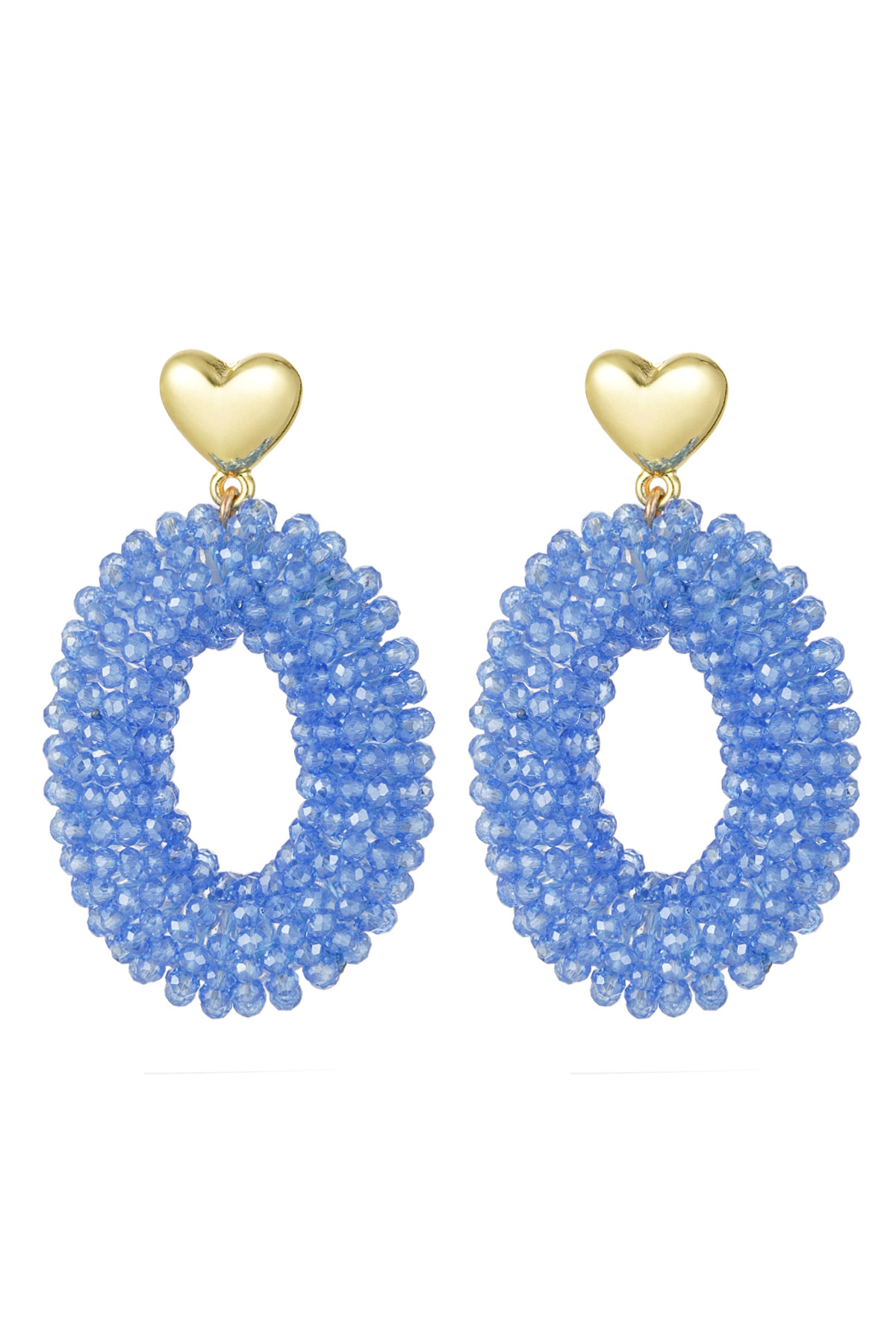 Ovale Ohrringe mit Perlen und Herzdetail aus hellblauem Metall