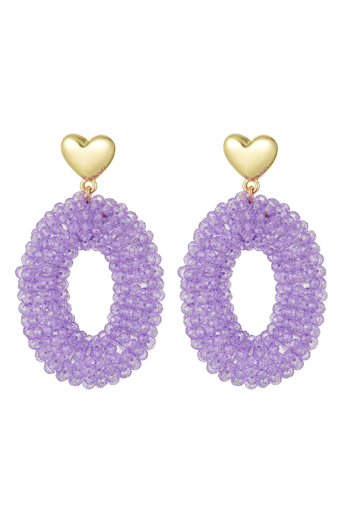 Earrings oval with beads and heart detail lilac Metal