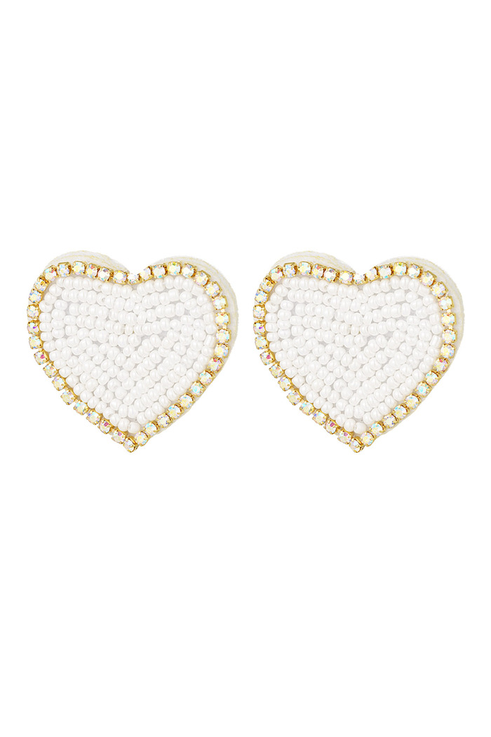 Beaded earrings heart with rhinestones Cream Glass 