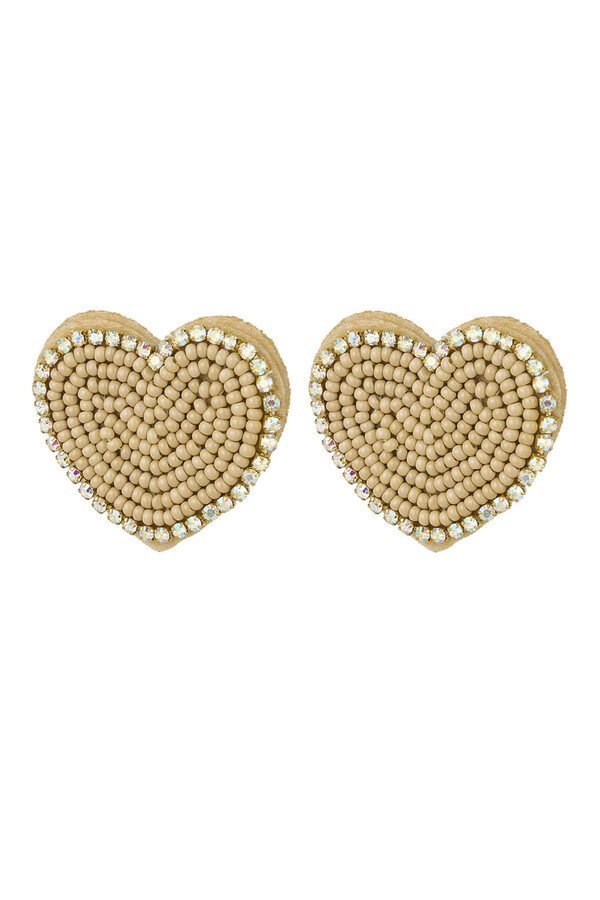 Beaded earrings heart with rhinestones Beige Glass