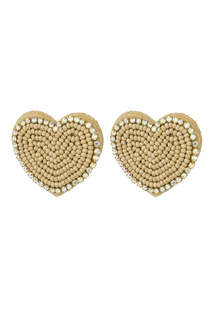 Beaded earrings heart with rhinestones Beige Glass 
