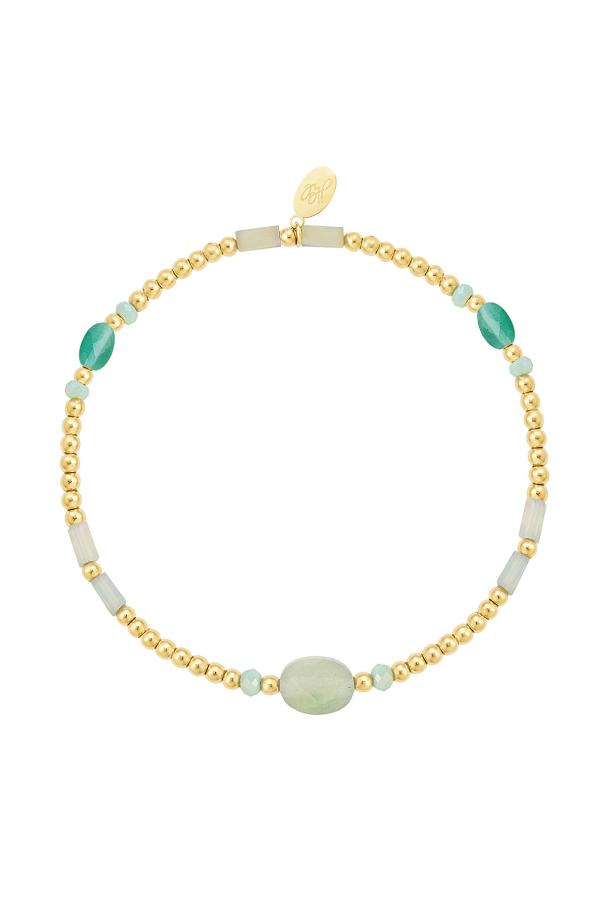 Perlenarmband mit bunten Details - grüner und goldener Edelstahl