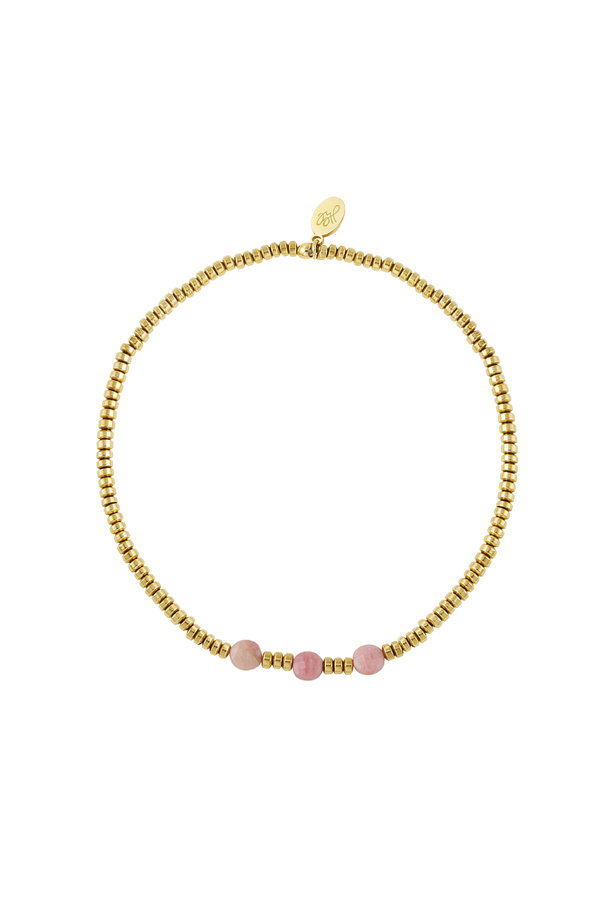 Armband 3 grote kralen - goud/roze Steen