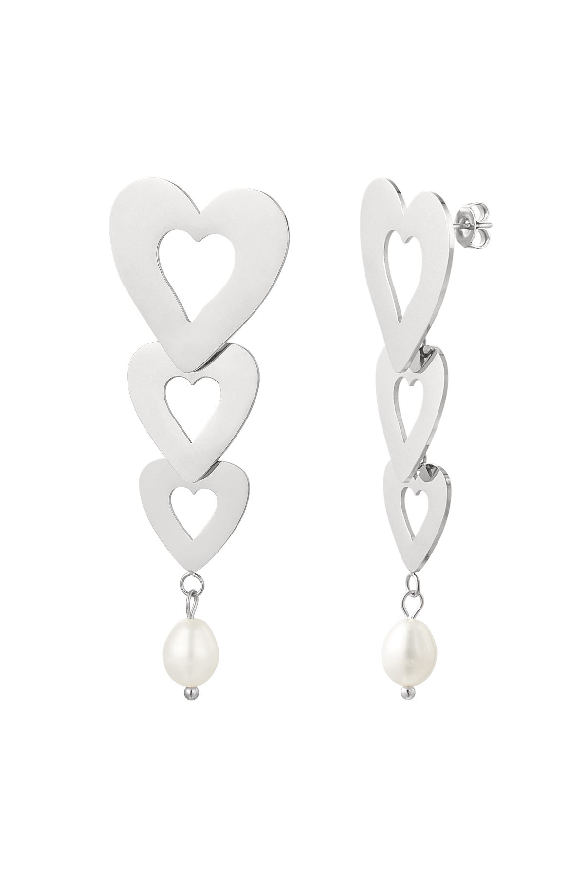 Ohrringe 3 Herzen mit Perle - Silber Edelstahl