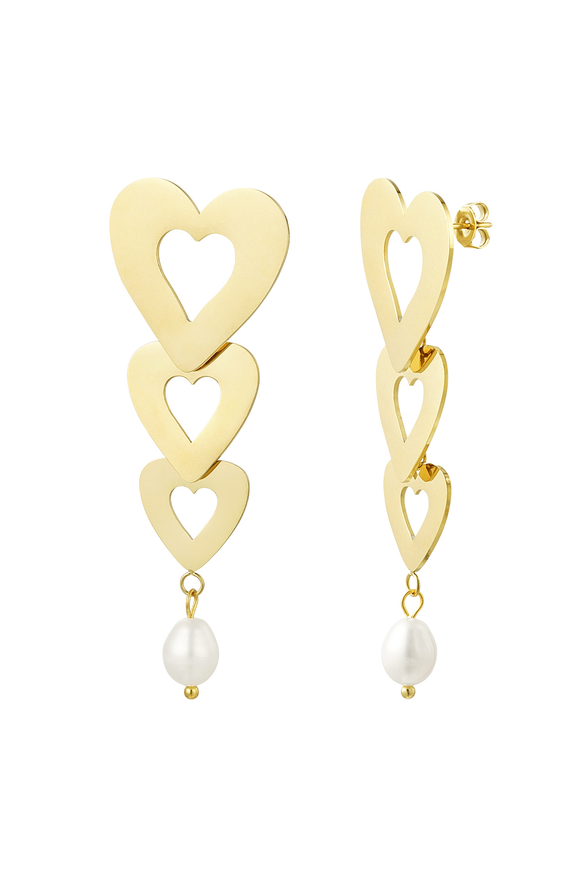 Ohrringe 3 Herzen mit Perle - goldener Edelstahl