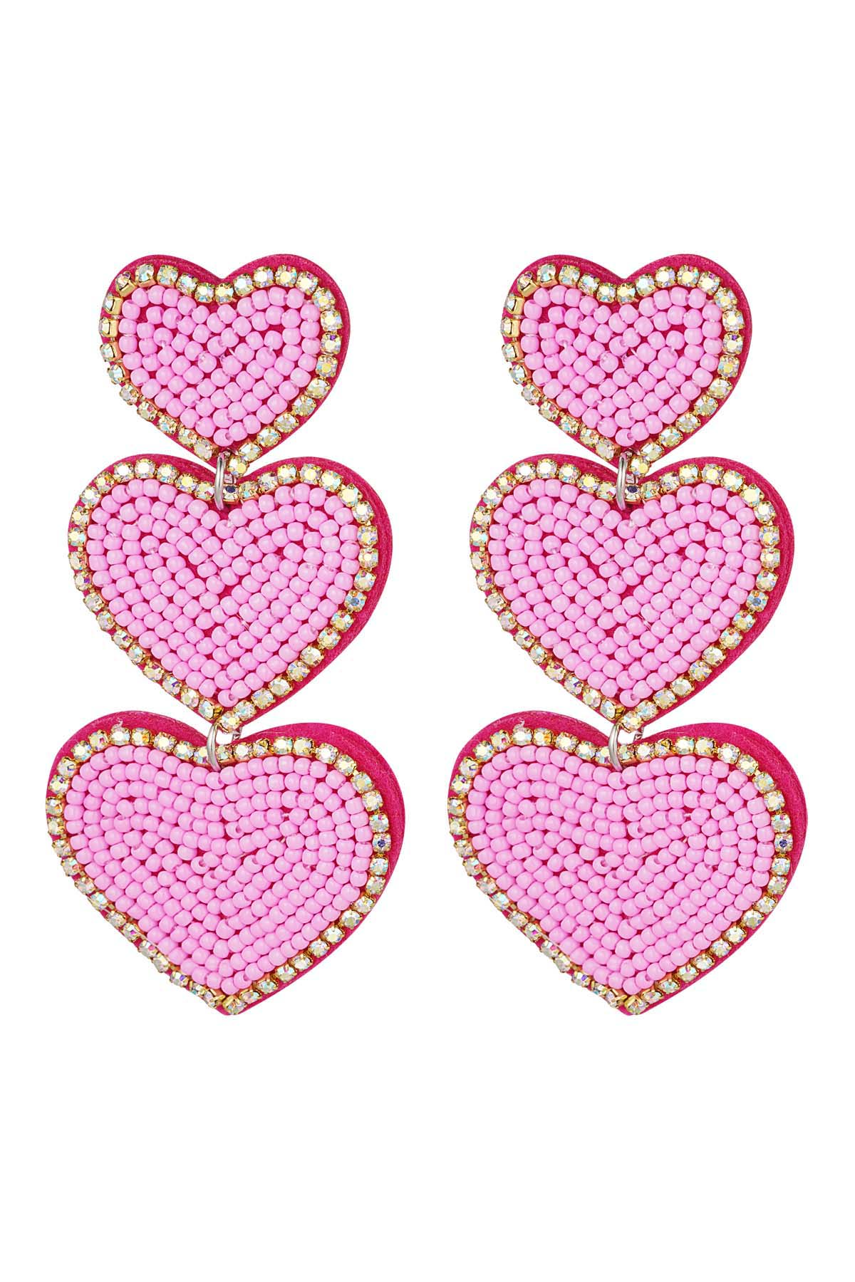 Earrings beads 3 x heart - pink Fuchsia Glass