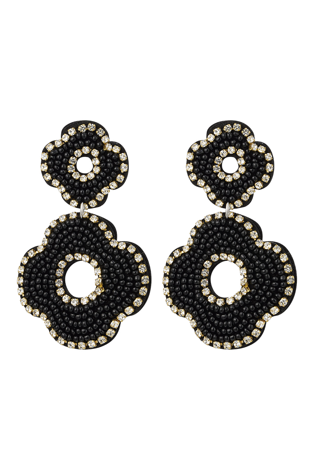 Earrings beads double flower - black Glass