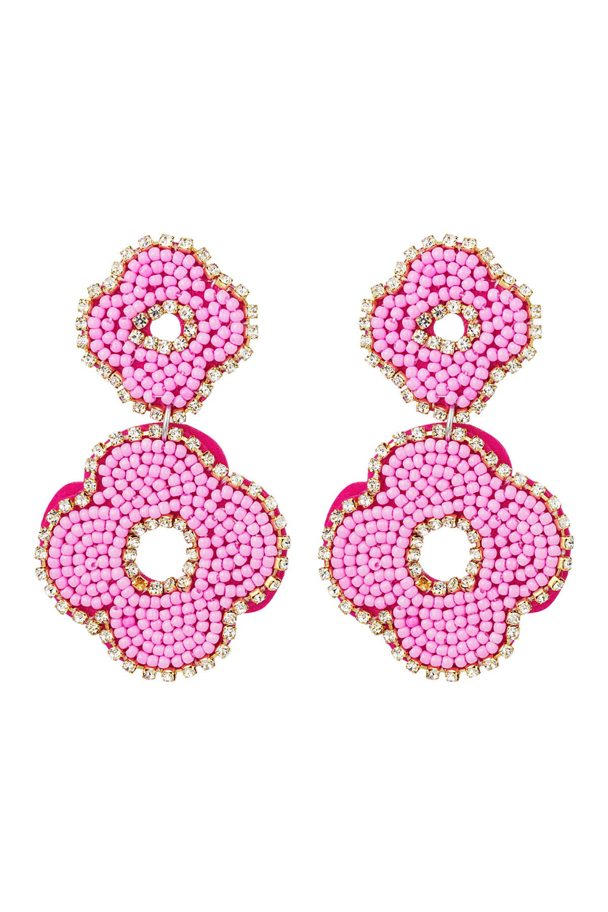 Boucles d'oreilles perles double fleur - rose Fuchsia Glass 