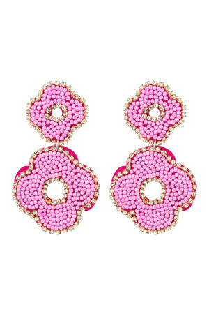 Earrings beads double flower - pink Fuchsia Glass h5 
