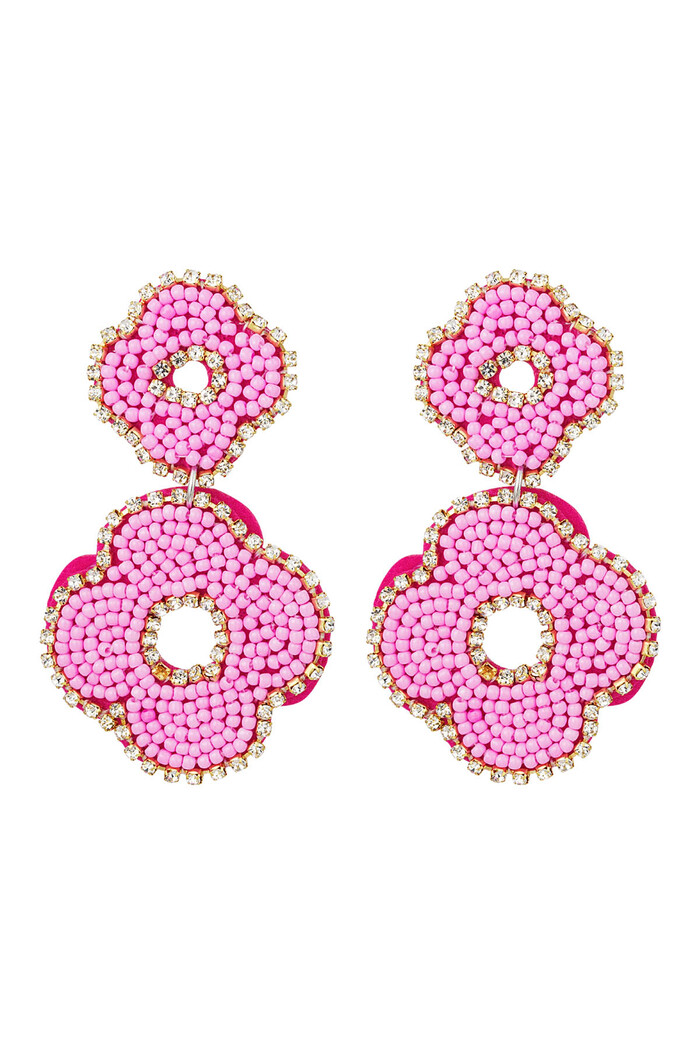 Earrings beads double flower - pink Fuchsia Glass 