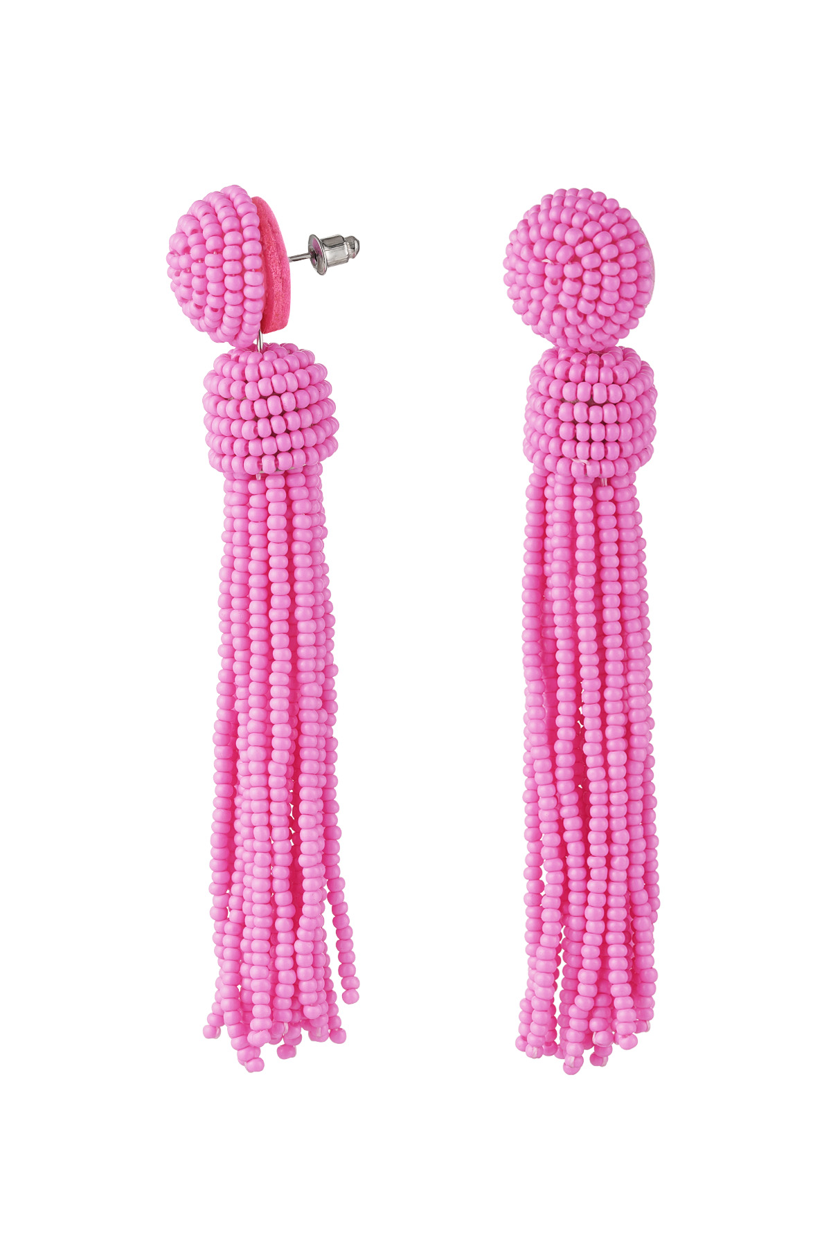 Boucles d'oreilles pompon perlé - perles de verre fuchsia 2