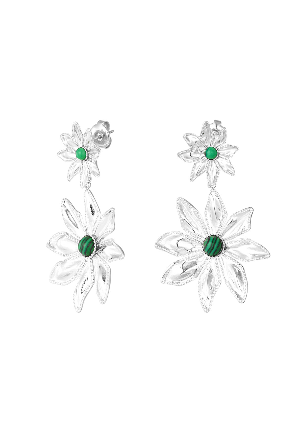 Double flower earrings - silver/green