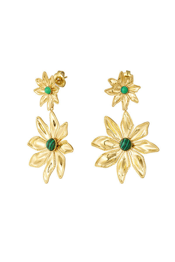Double flower earrings - gold/green