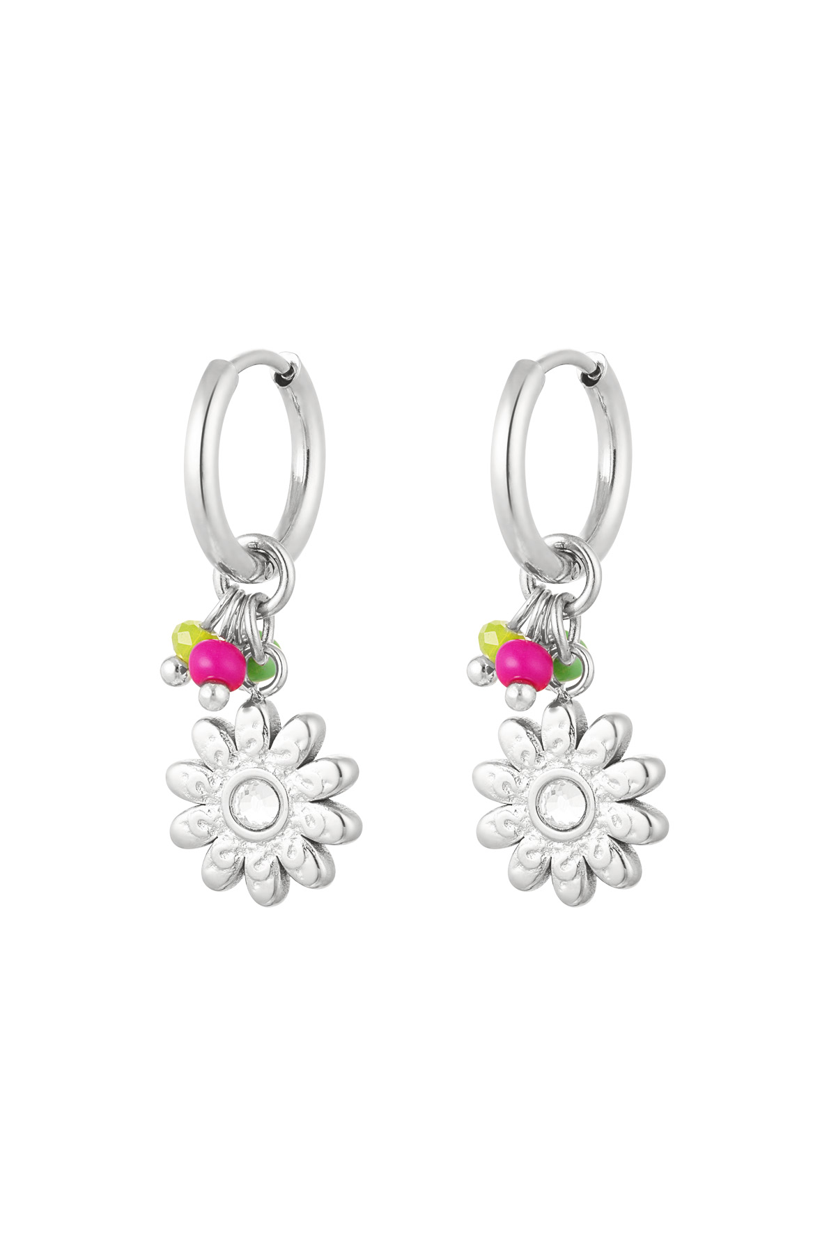 Earrings beads with flower - silver h5 