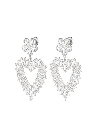 Flower earrings with heart shape pendant - silver h5 