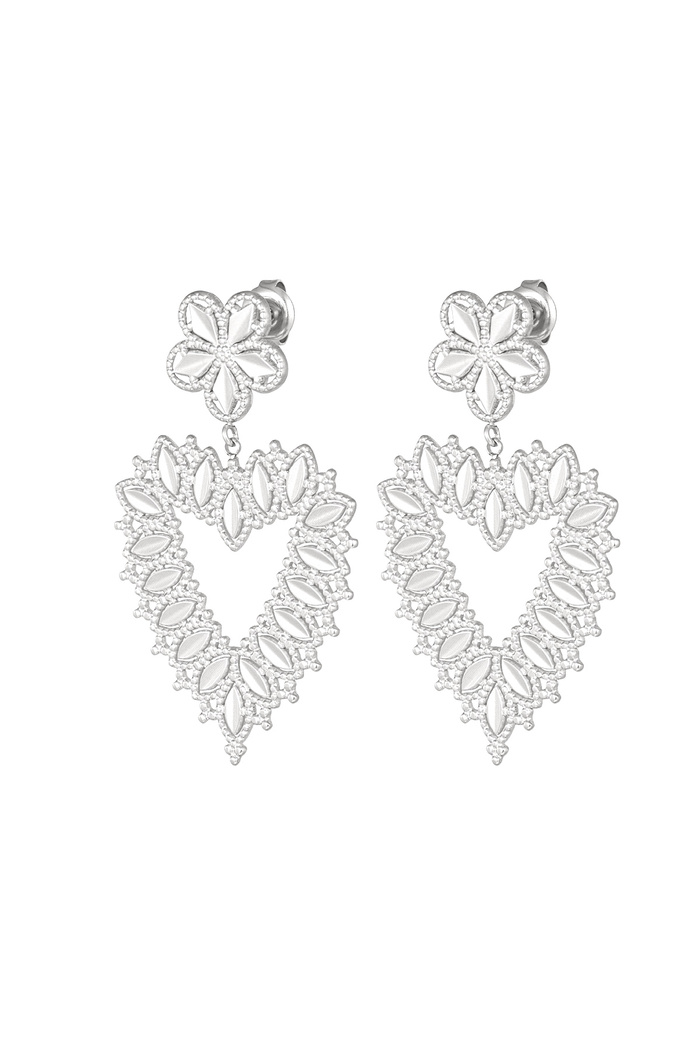 Flower earrings with heart shape pendant - silver 